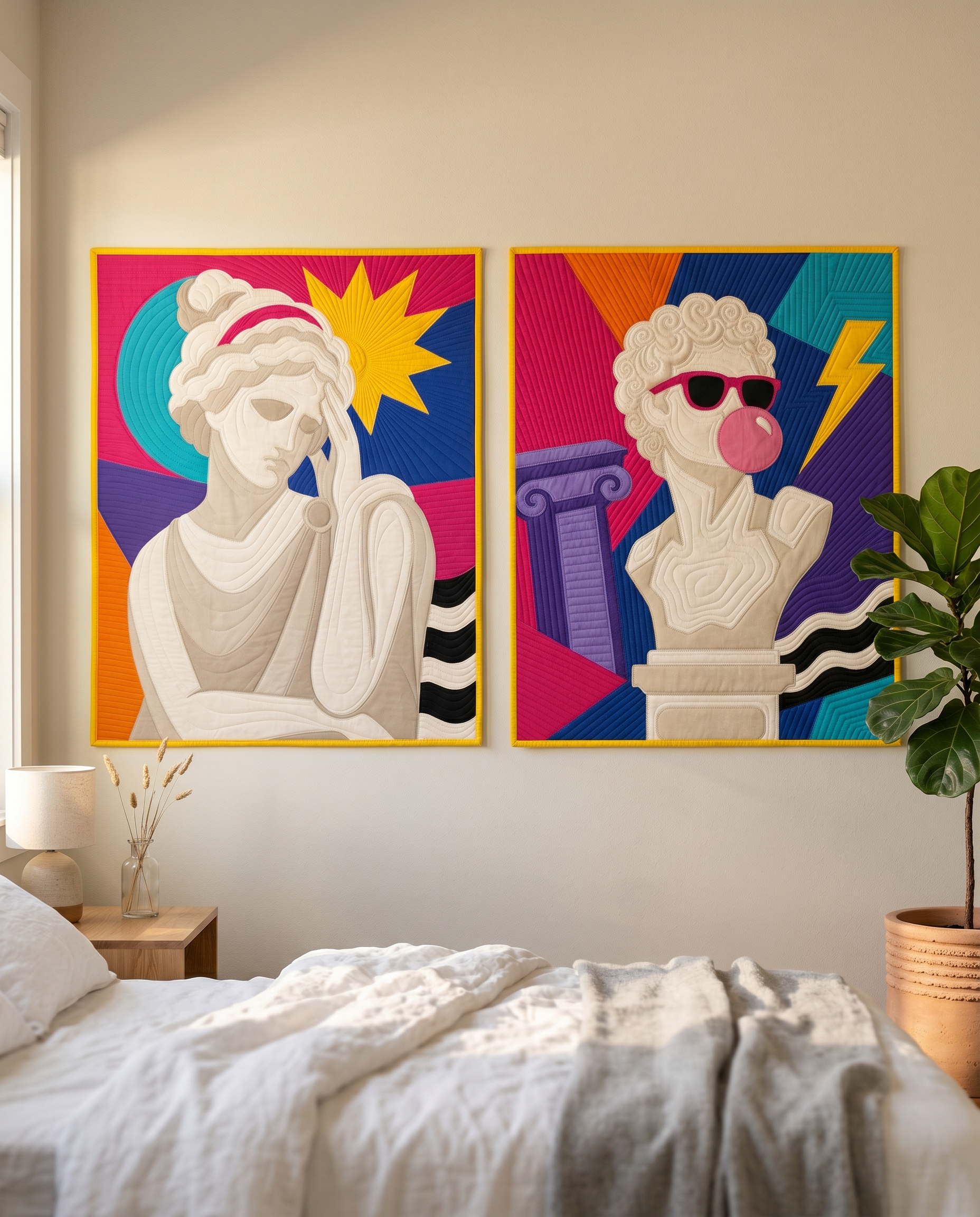 Vivid Stitch Art pop art quilt collection — Goddess Mode and Apollo Off Duty modern wall hanging patterns