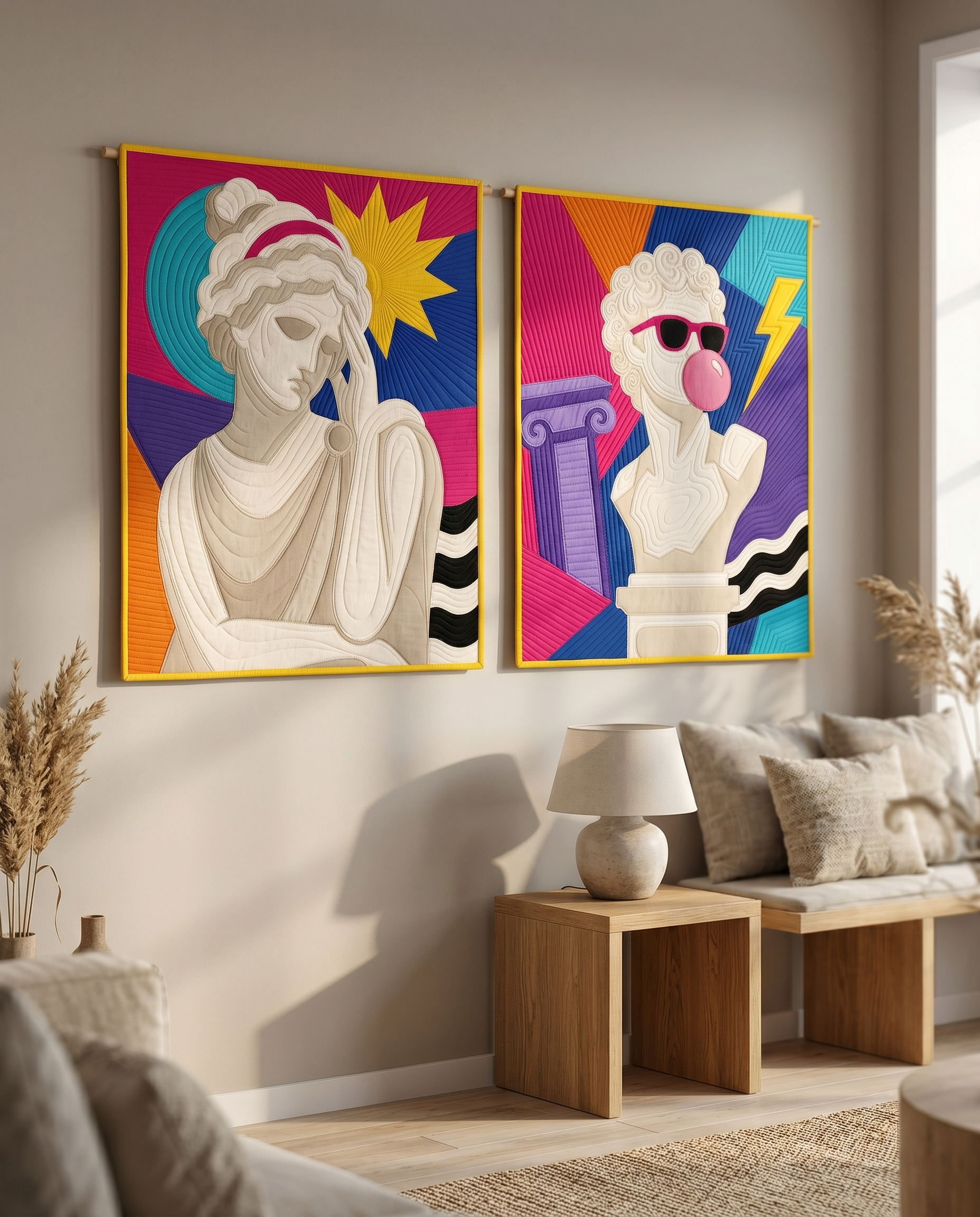 Vivid Stitch Art pop art quilt collection — Apollo Off Duty and Goddess Mode modern wall hanging patterns
