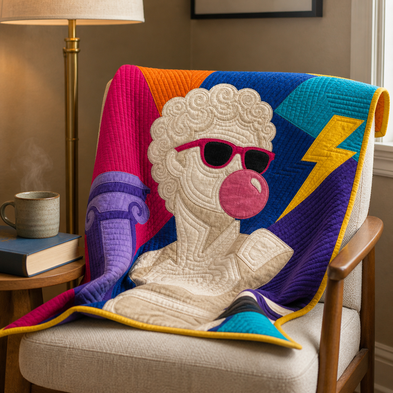 Apollo Off Duty raw-edge appliqué quilt draped over a chair as a modern pop art throw blanket