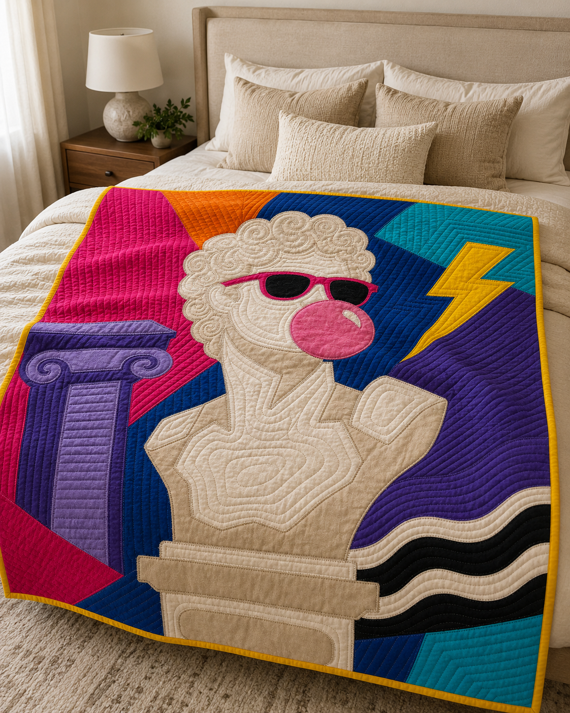 Apollo Off Duty appliqué quilt styled as a bed throw in a modern bedroom — pop art statement piece