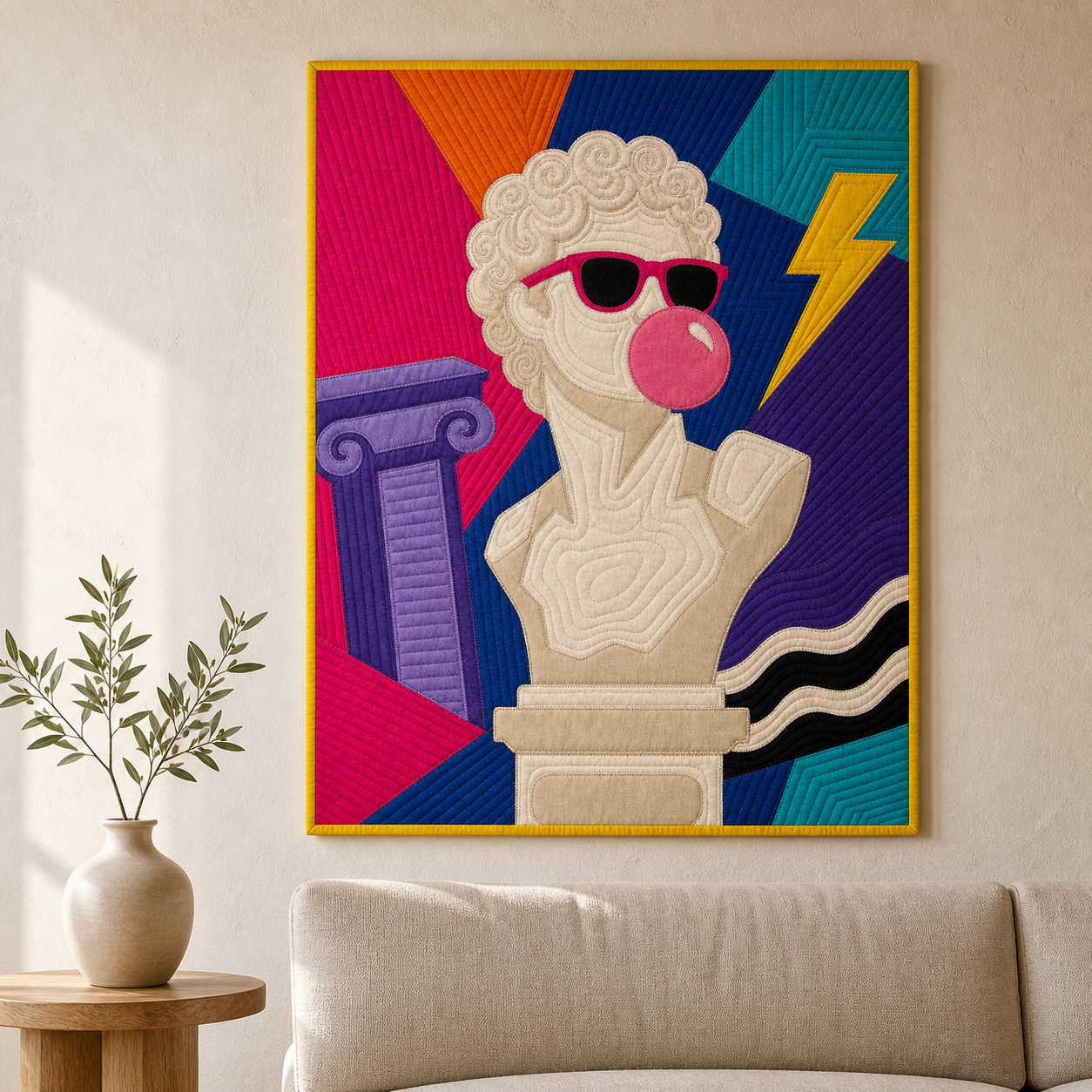 Apollo Off Duty quilt framed as wall art — modern pop art textile statement piece for living room