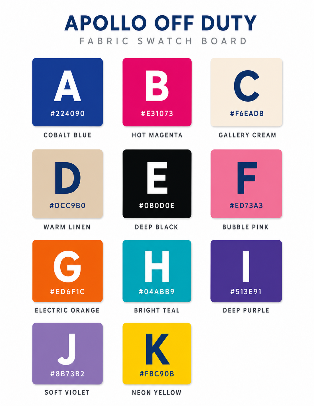 Apollo Off Duty fabric color swatch board — 11 solid fabric colors with hex codes for raw-edge appliqué