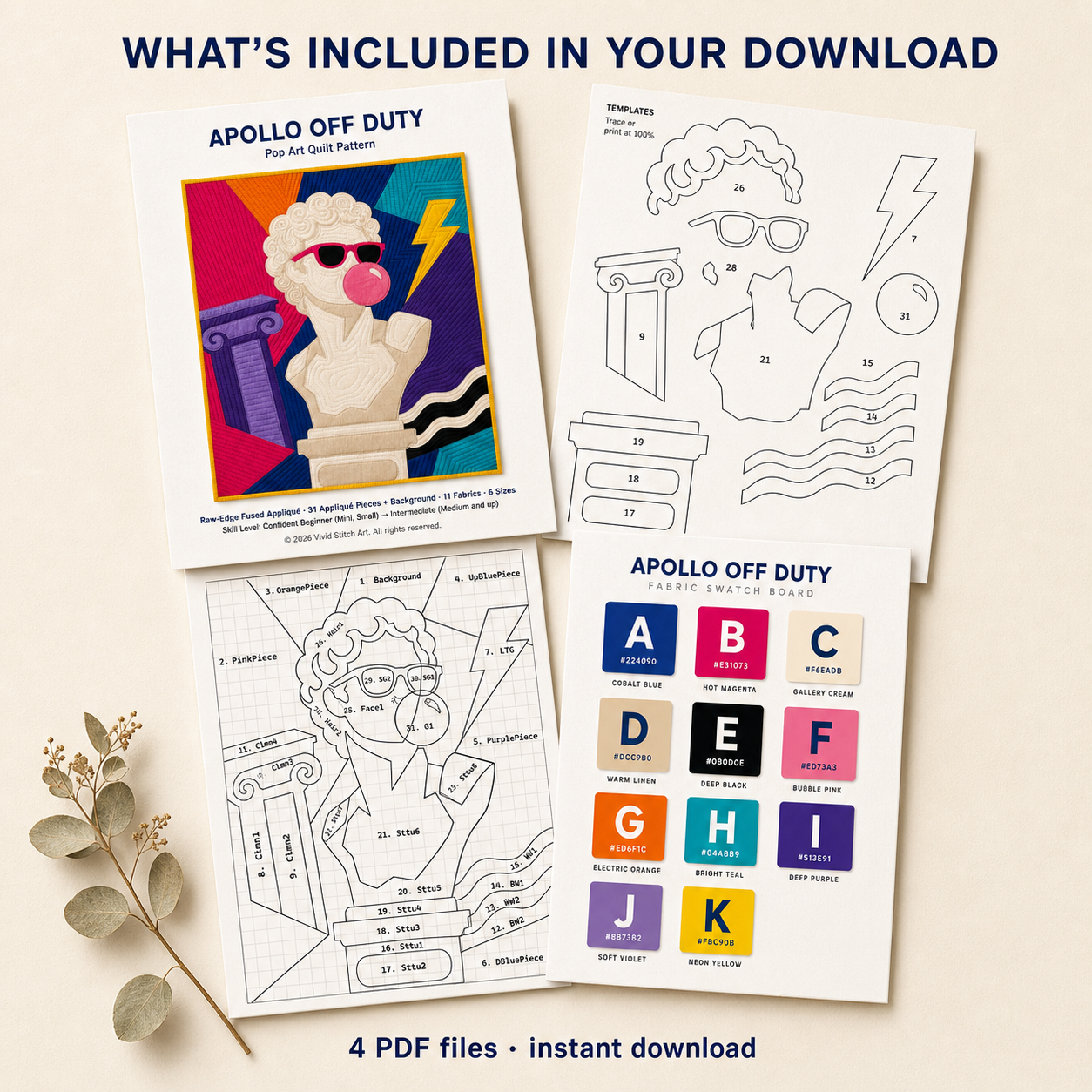 Apollo Off Duty pattern download contents — instruction booklet, templates, placement map, coloring page PDFs