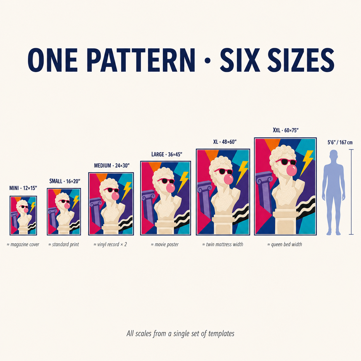 Apollo Off Duty one pattern in six sizes — from 12 inch mini to 60 inch XXL full-wall quilt installation