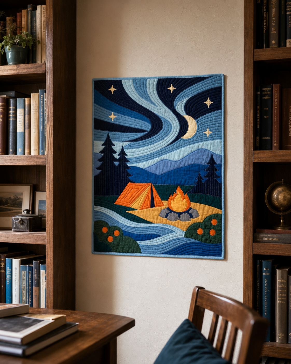 Aurora Campsite quilt framed as wall art — modern landscape with tent, campfire, and aurora sky