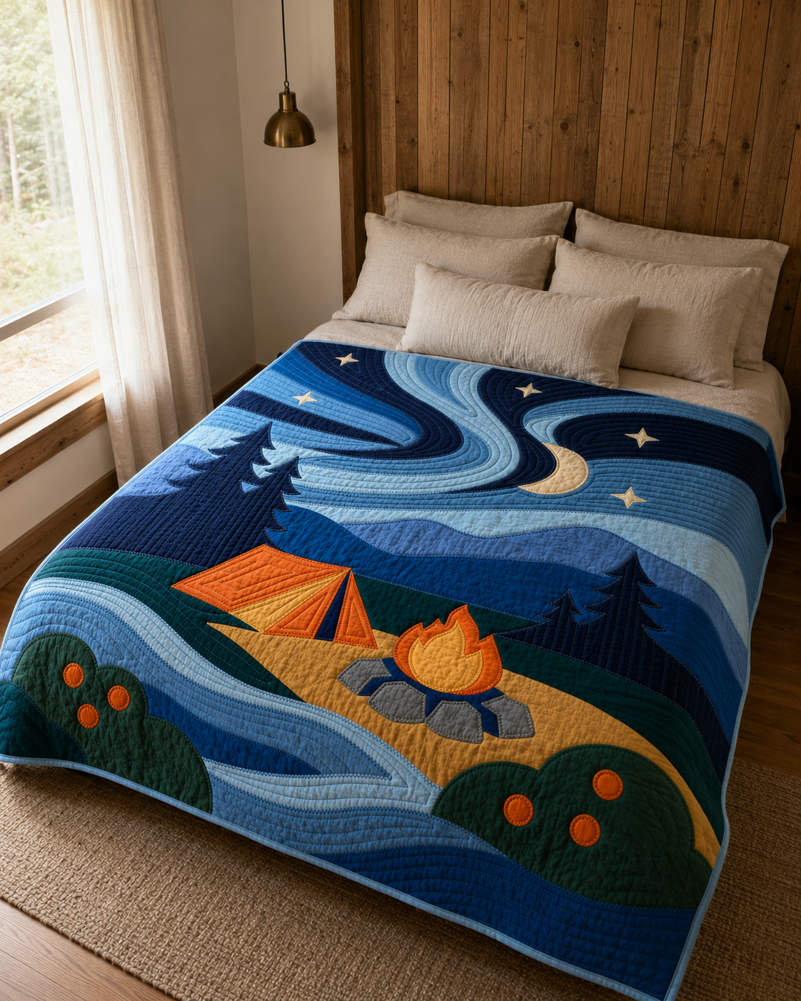 Aurora Campsite appliqué quilt styled as a bedspread — modern landscape camping scene with starry night sky