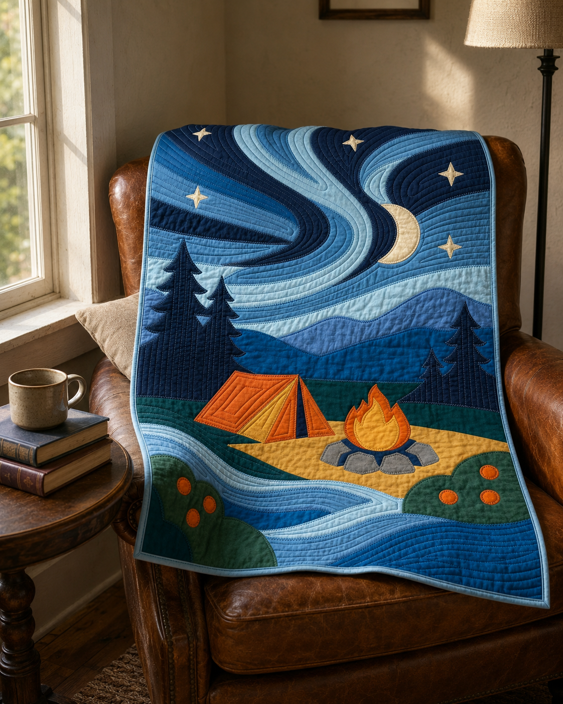 Aurora Campsite appliqué quilt draped over a leather chair — modern landscape camping scene throw blanket
