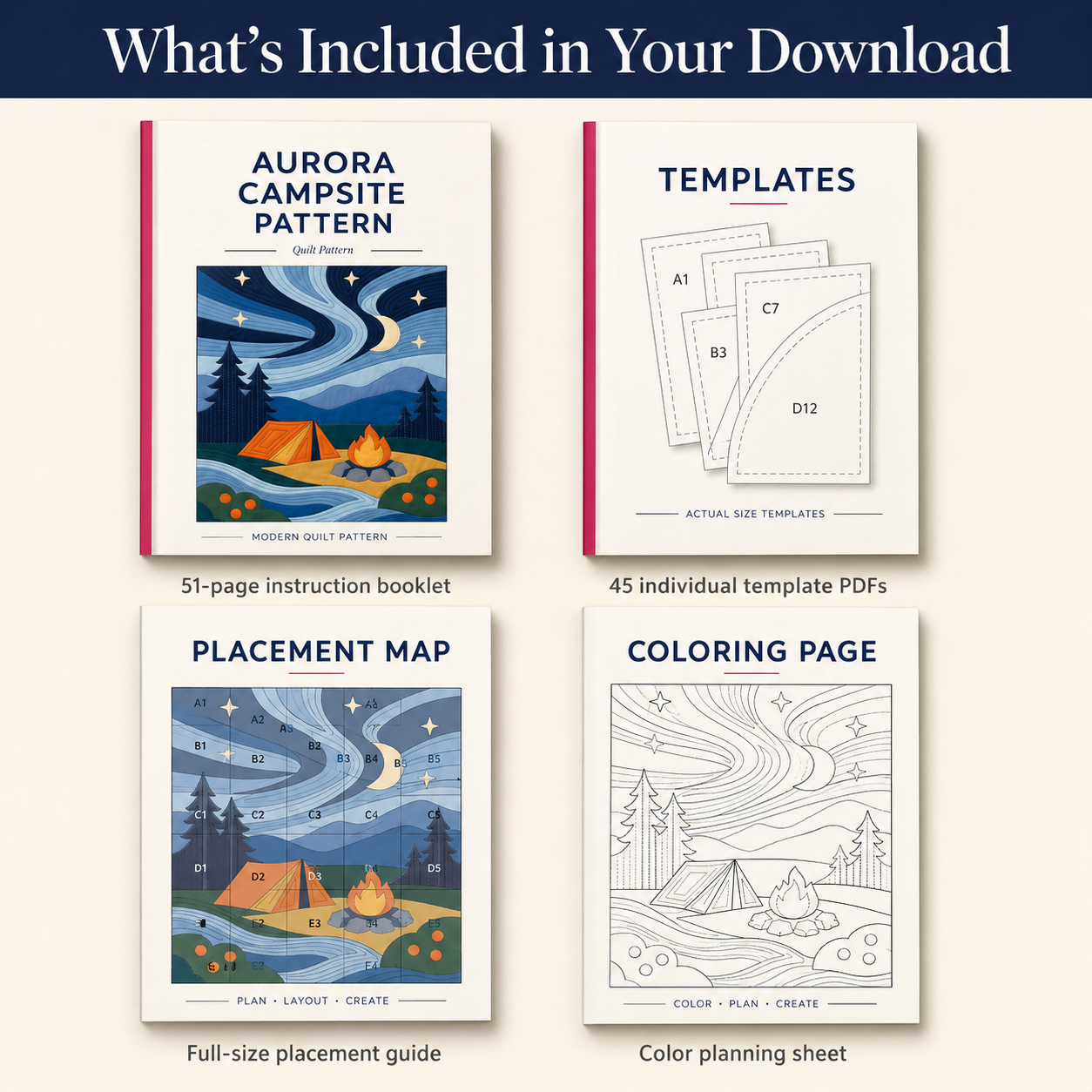 Aurora Campsite pattern download contents — instruction booklet, templates, placement map, coloring page PDFs