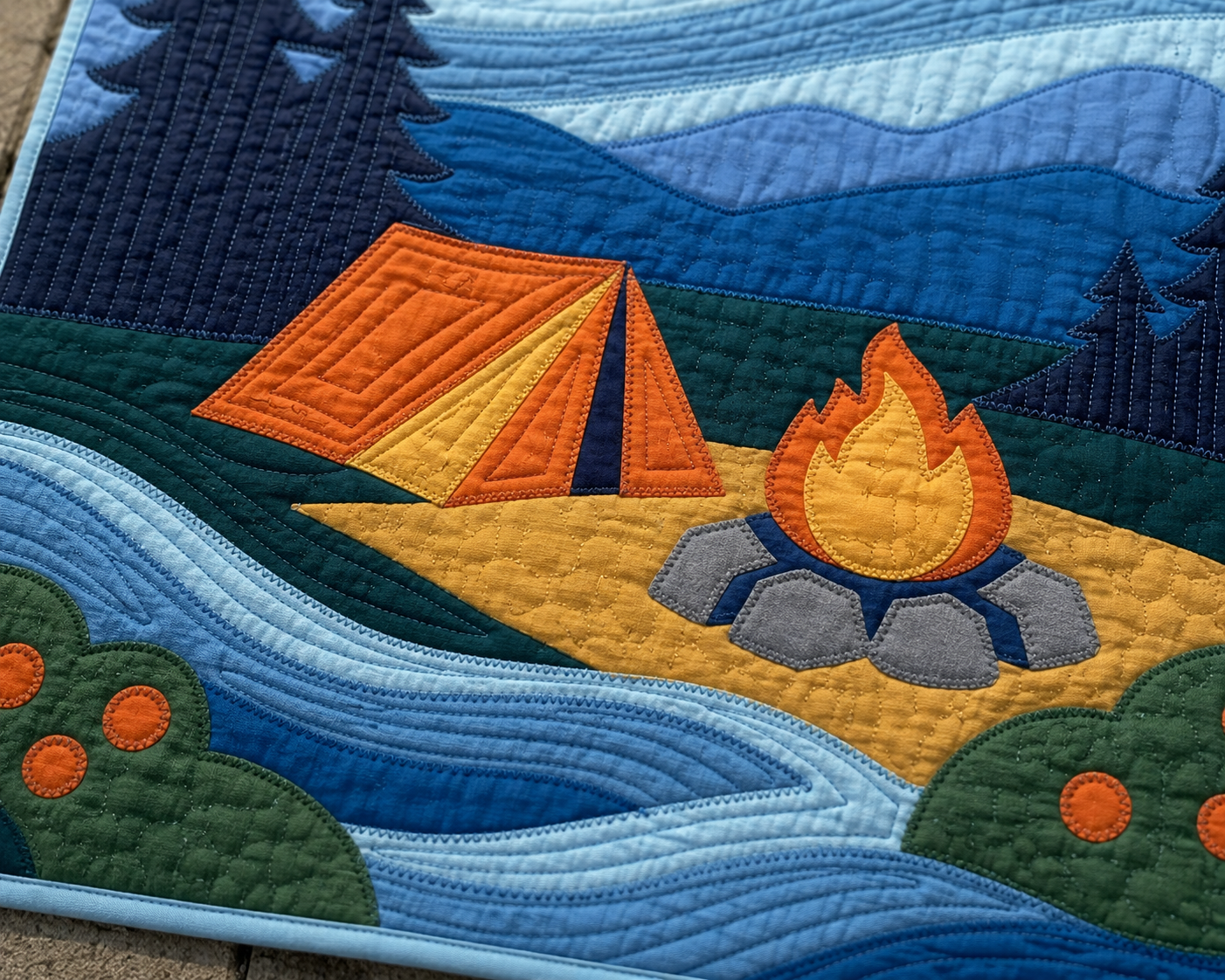 Aurora Campsite landscape close-up — orange tent, campfire with stones, pine trees, and mountain detail