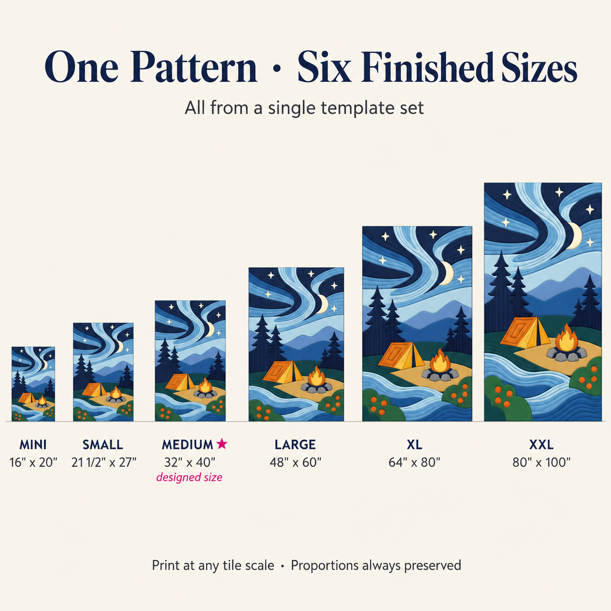 Aurora Campsite quilt pattern in six finished sizes — from mini wall accent to XXL full bed quilt