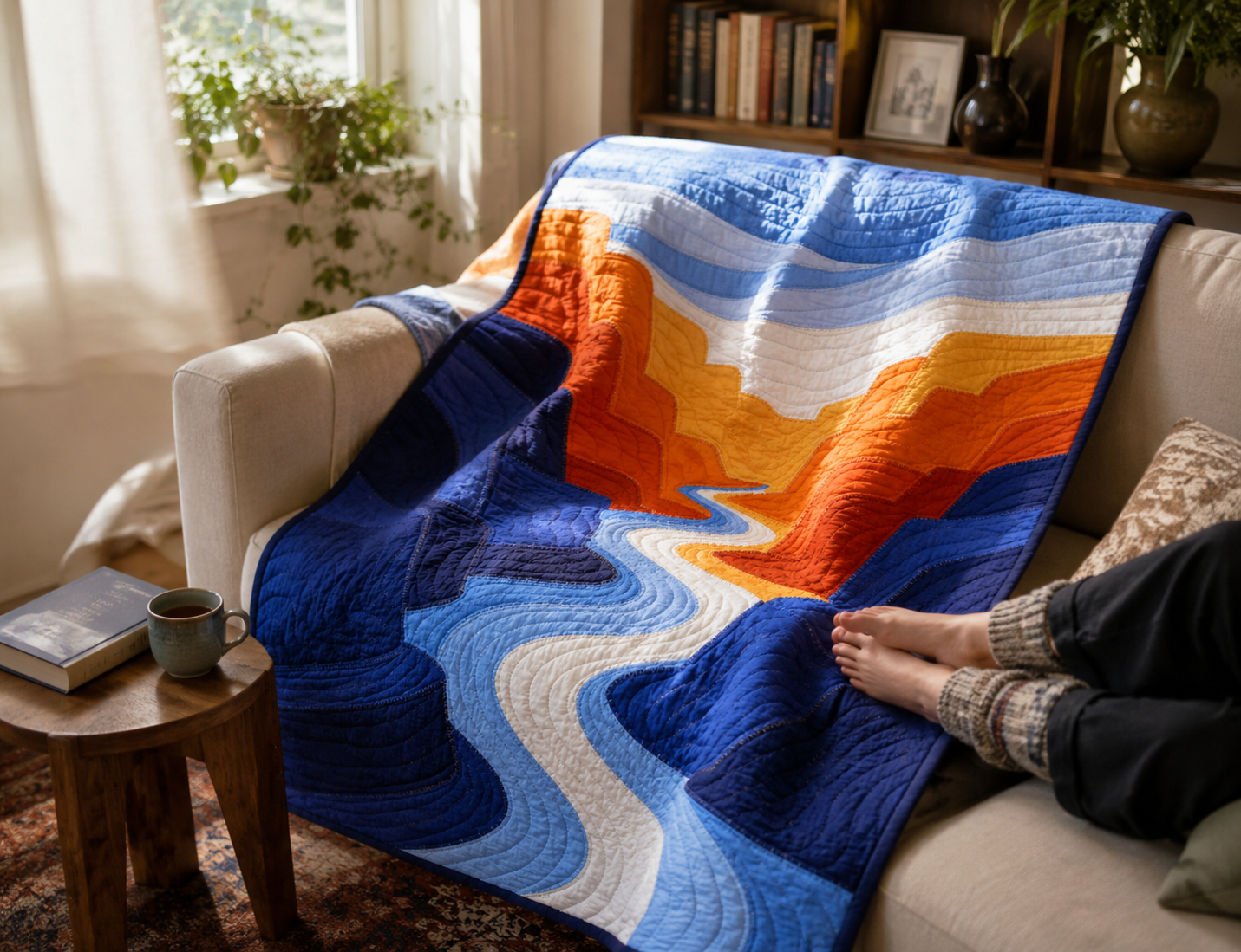 Canyon River raw-edge appliqué quilt draped over a chair — modern desert landscape throw blanket in warm tones