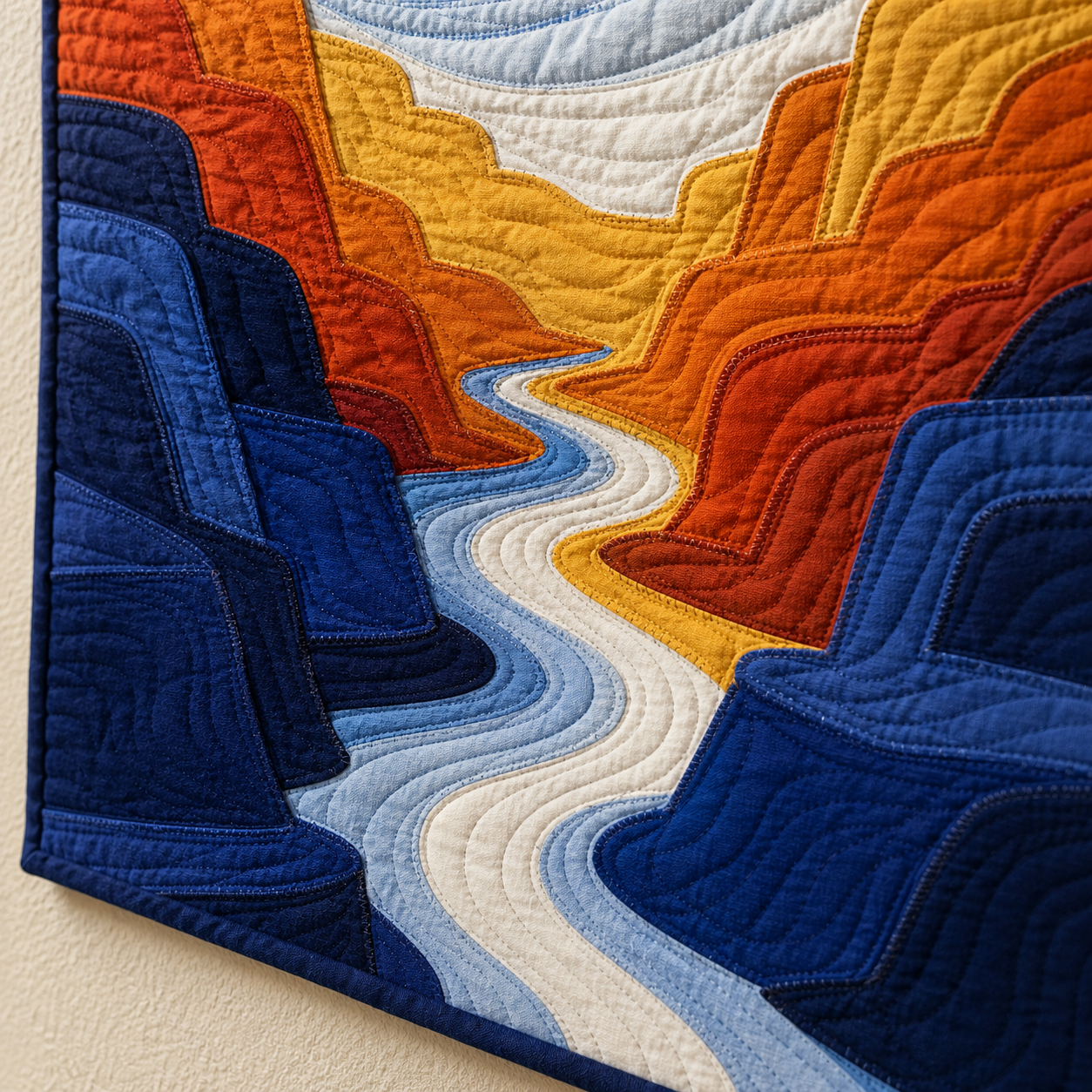 Canyon River landscape close-up detail — layered canyon walls with winding river in warm orange and blue tones