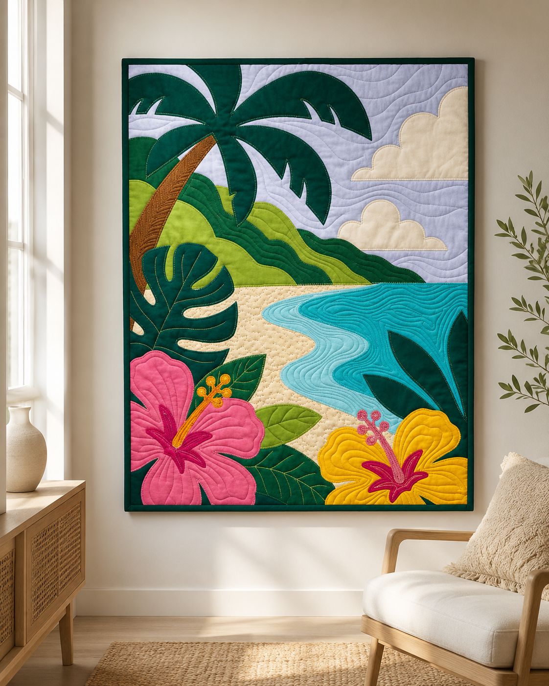 Tropical Paradise modern landscape quilt framed as wall art — tropical beach scene with palm tree and hibiscus