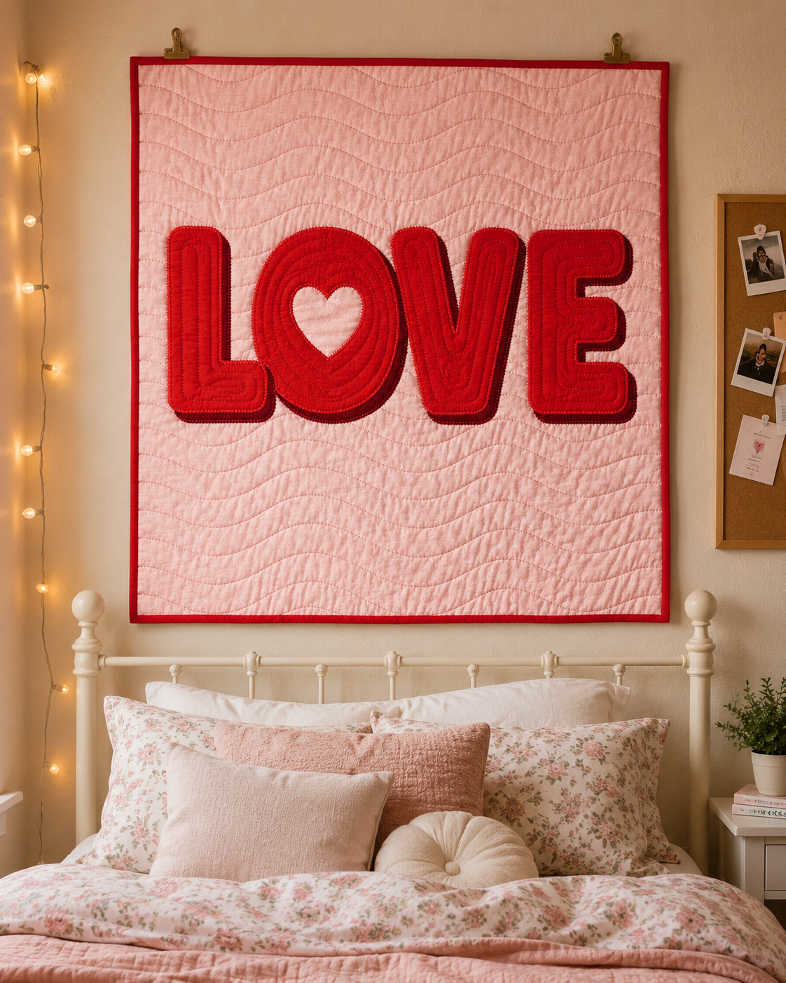 LOVE typography quilt framed as wall art above a bed — modern raw-edge appliqué wall hanging