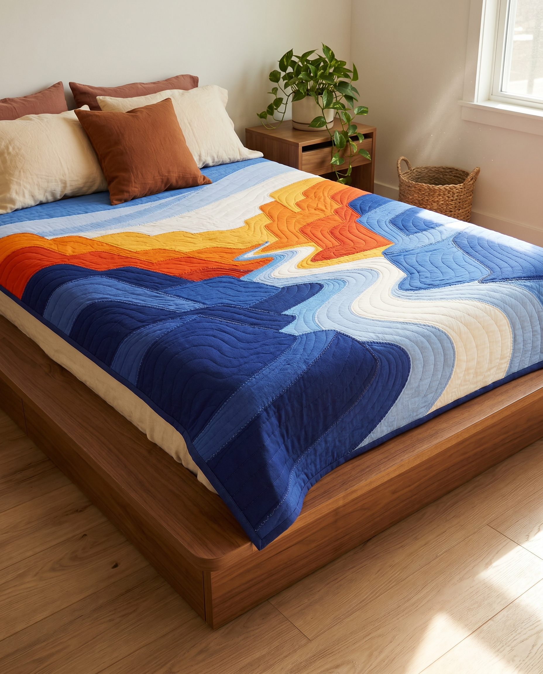Canyon River appliqué quilt styled as a bedspread — modern desert landscape with layered canyon walls and winding river