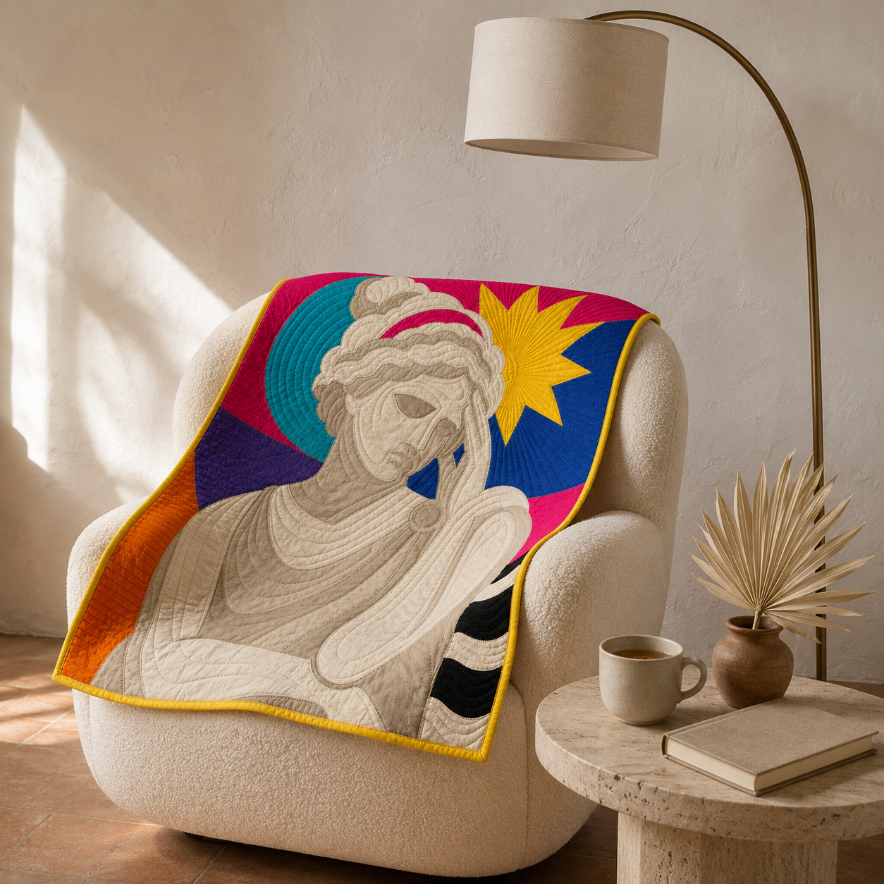 Goddess Mode raw-edge appliqué quilt draped over a chair as a modern pop art throw blanket