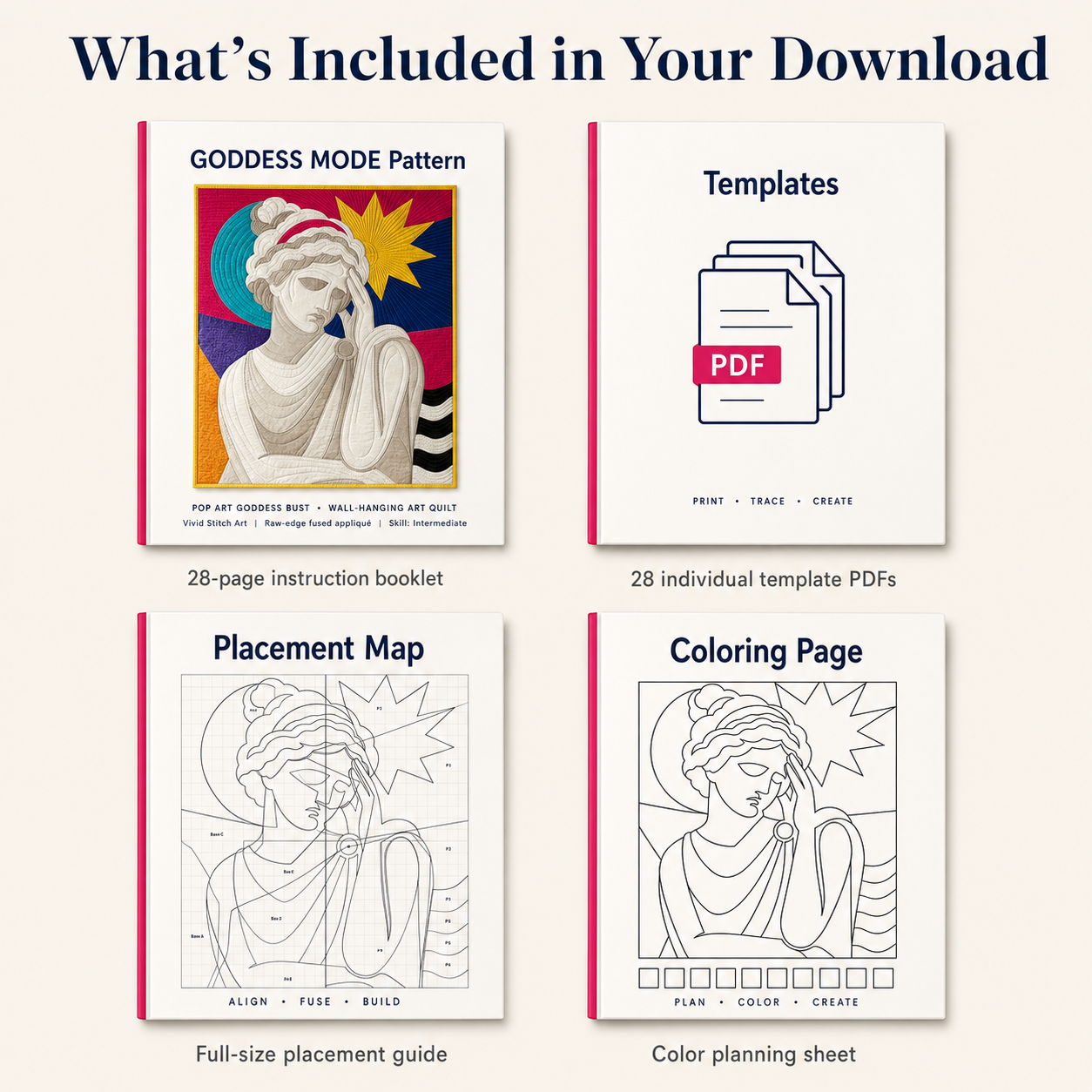 Goddess Mode pattern download contents — instruction booklet, templates, placement map, coloring page PDFs