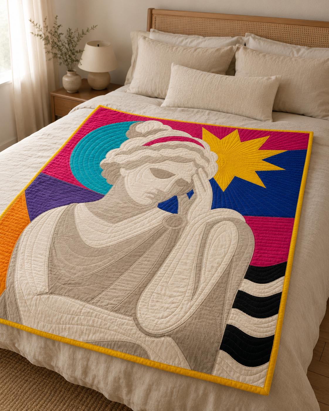 Goddess Mode appliqué quilt styled as a bed throw — modern pop art classical goddess bust in a bedroom