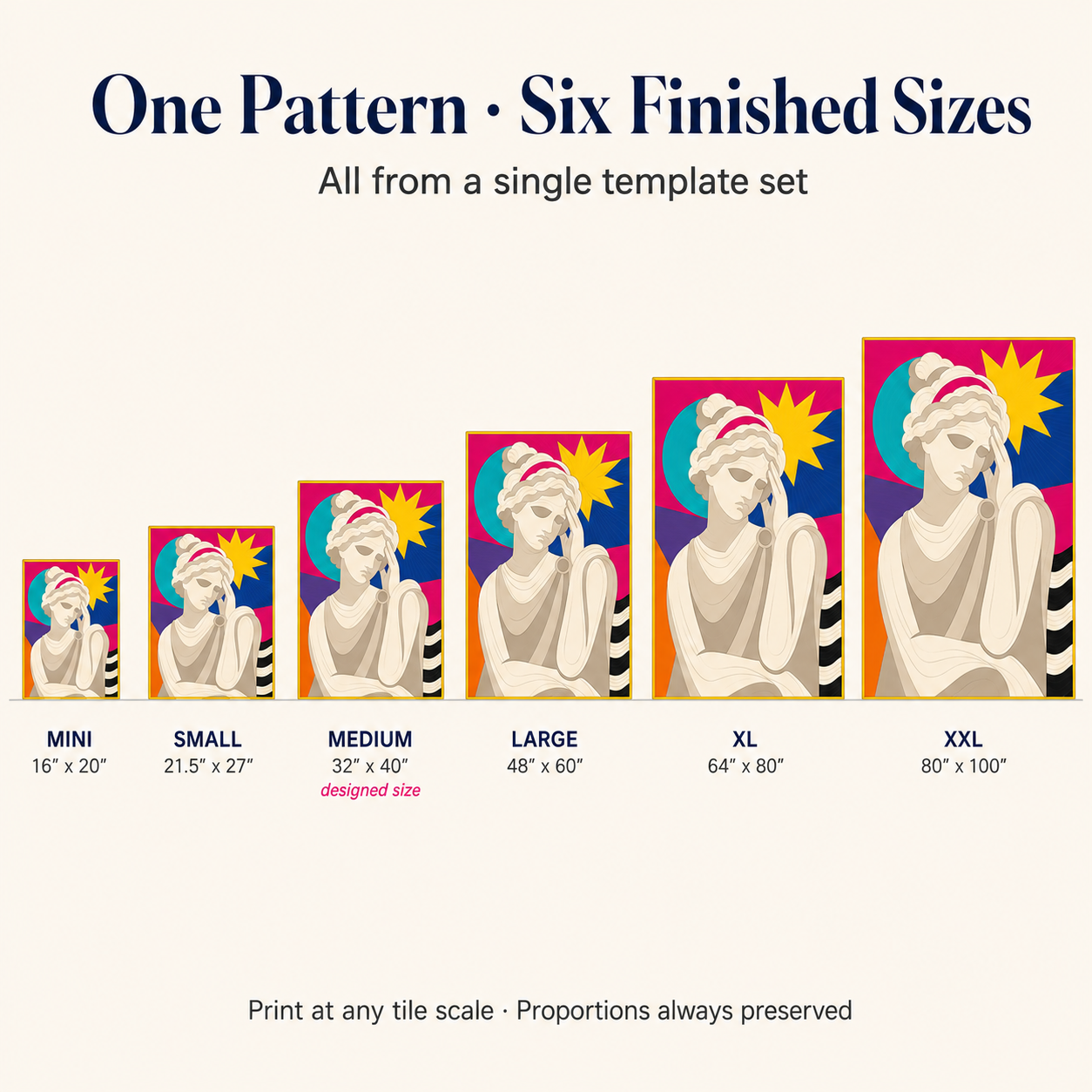 Goddess Mode one pattern in six sizes — from 16 inch mini to 80 inch XXL full-wall quilt