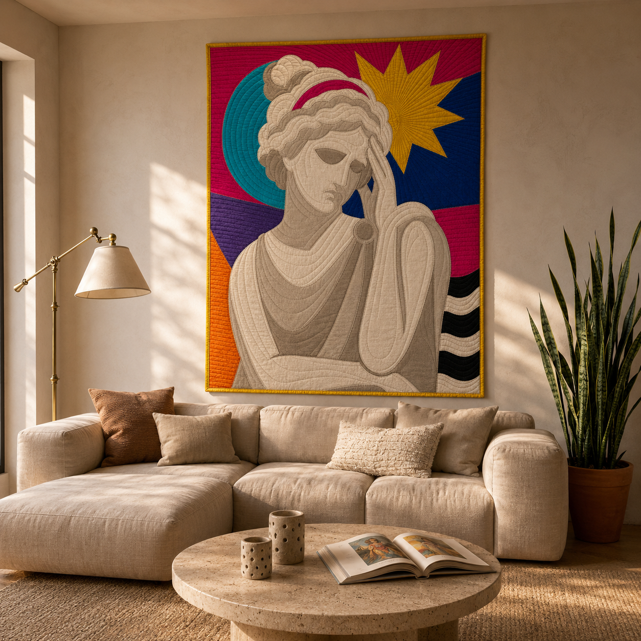Goddess Mode quilt framed as wall art above a sofa — modern pop art textile statement piece