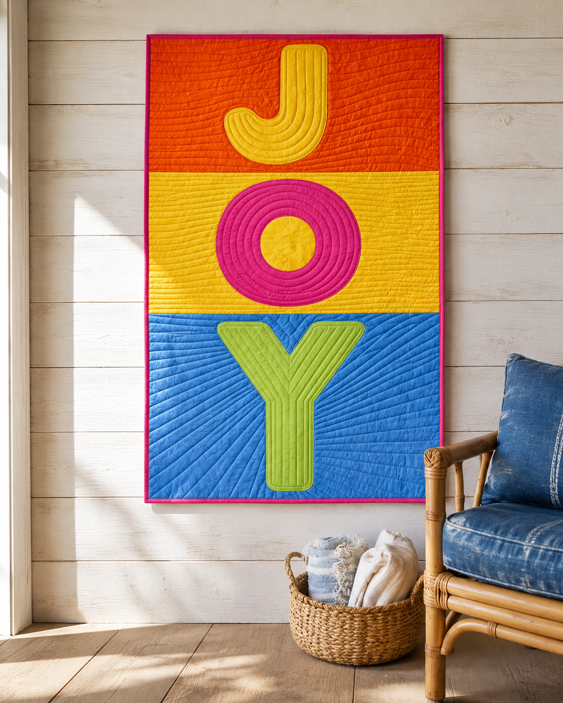 JOY typography quilt hung on a wall above a basket — modern wall hanging for living room décor