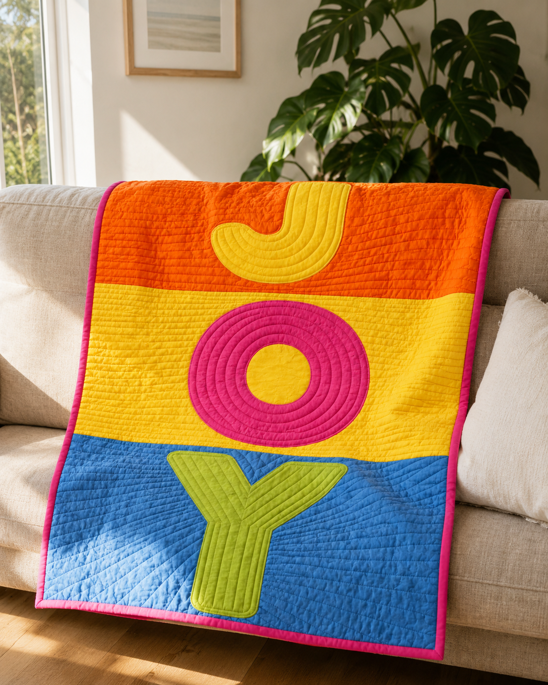 JOY raw-edge appliqué quilt draped over a couch as a modern colorful throw blanket