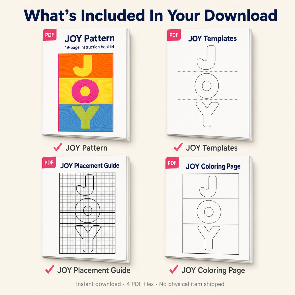 JOY pattern download contents — instruction booklet, templates, placement guide, coloring page PDFs
