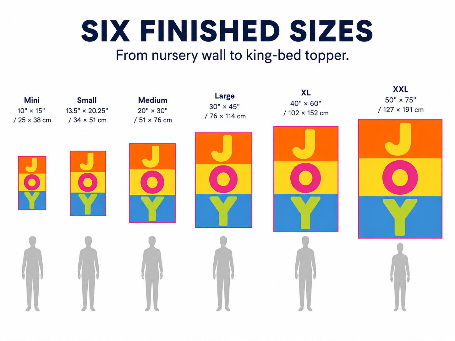 JOY quilt pattern in six finished sizes — from mini wall accent to king bed topper throw