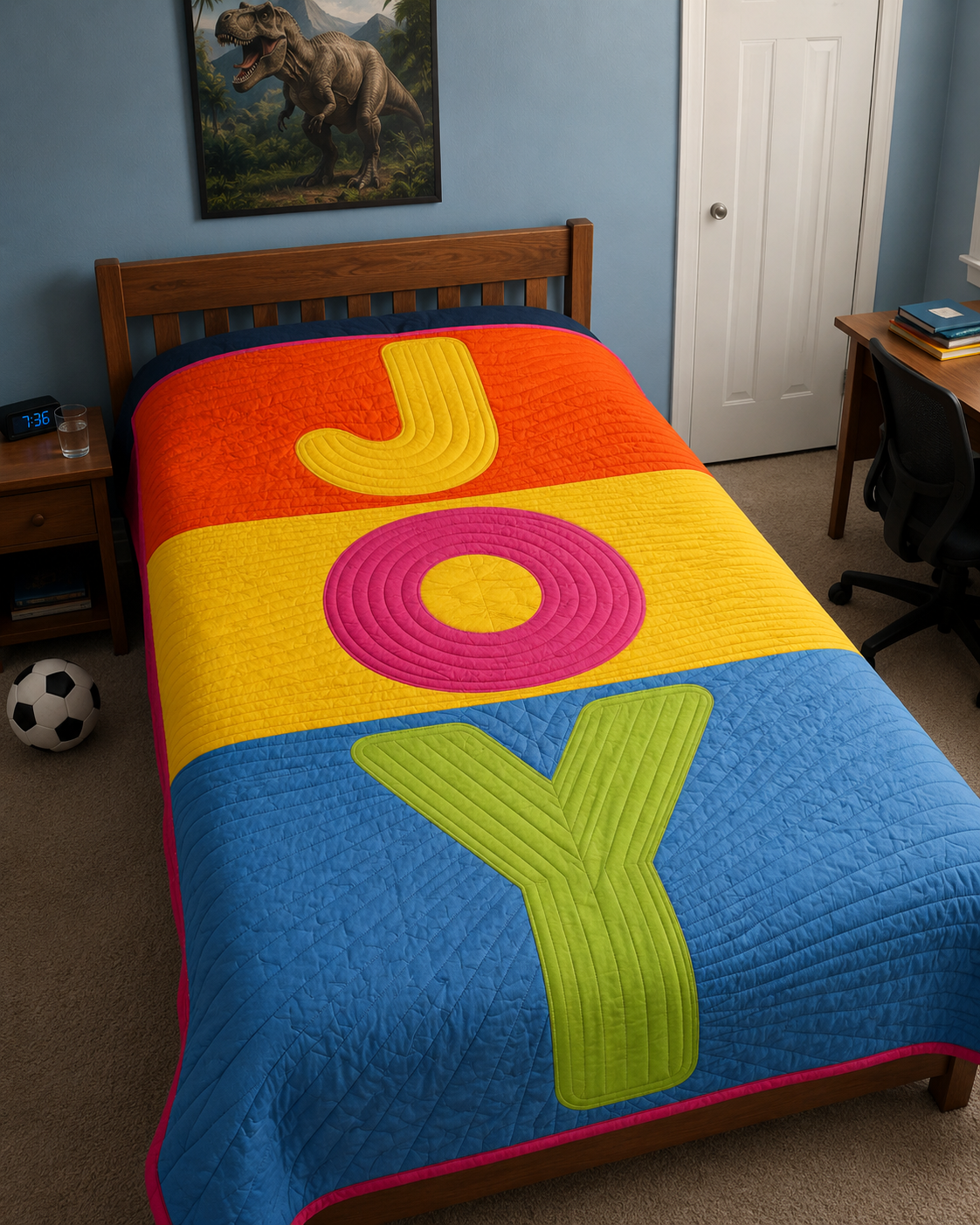 JOY appliqué quilt styled as a bed throw — modern colorful typography quilt in a bedroom