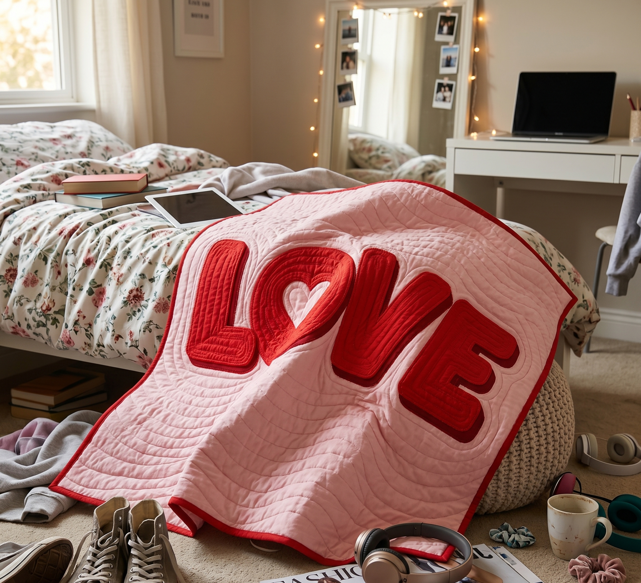 LOVE appliqué quilt draped over a bed — modern pink and red typography quilt with heart detail