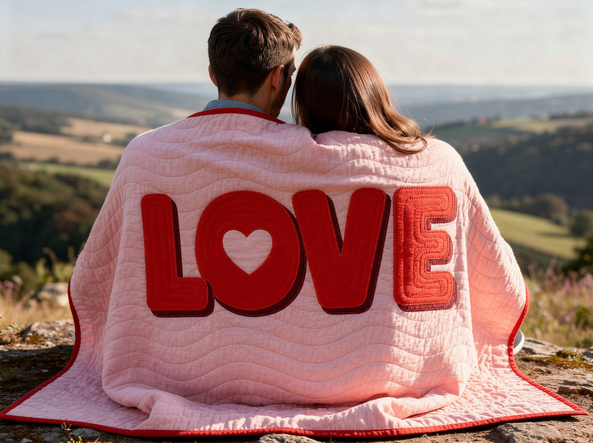 LOVE typography quilt wrapped around a couple outdoors — romantic gift idea with heart detail