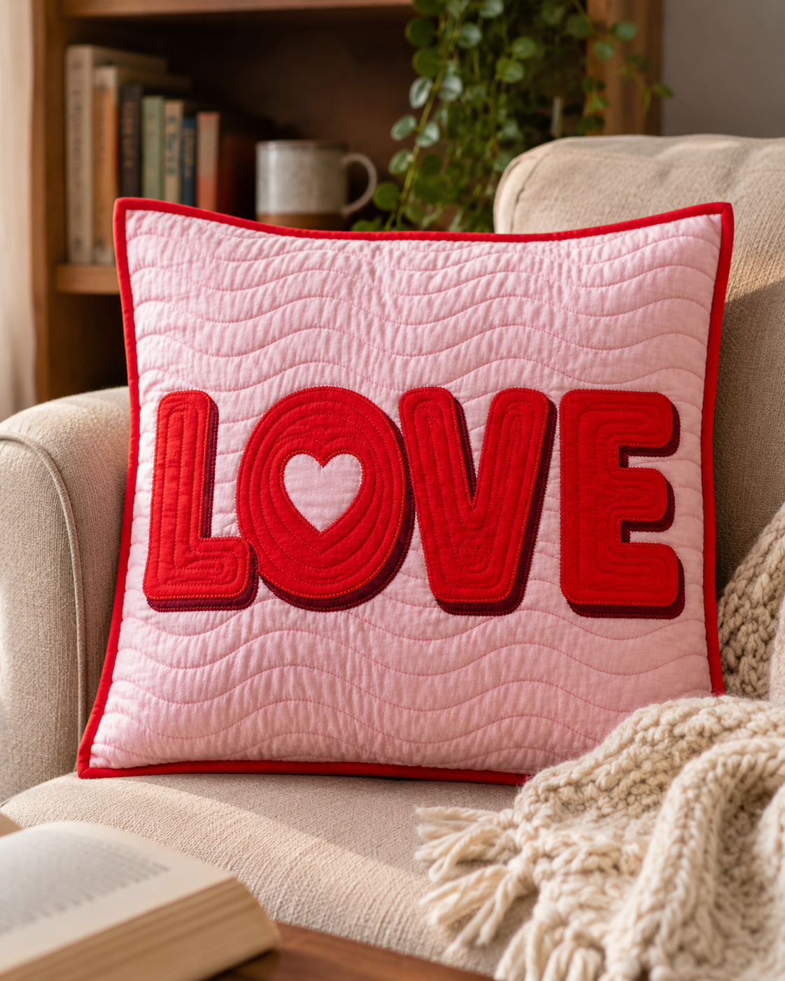 LOVE typography pillow on a cream chair — small size quilt pattern used as decorative cushion