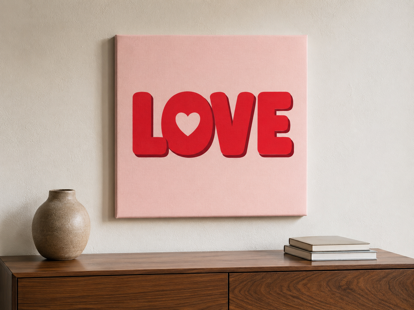 LOVE typography quilt as framed canvas wall art — modern pink and red home décor piece