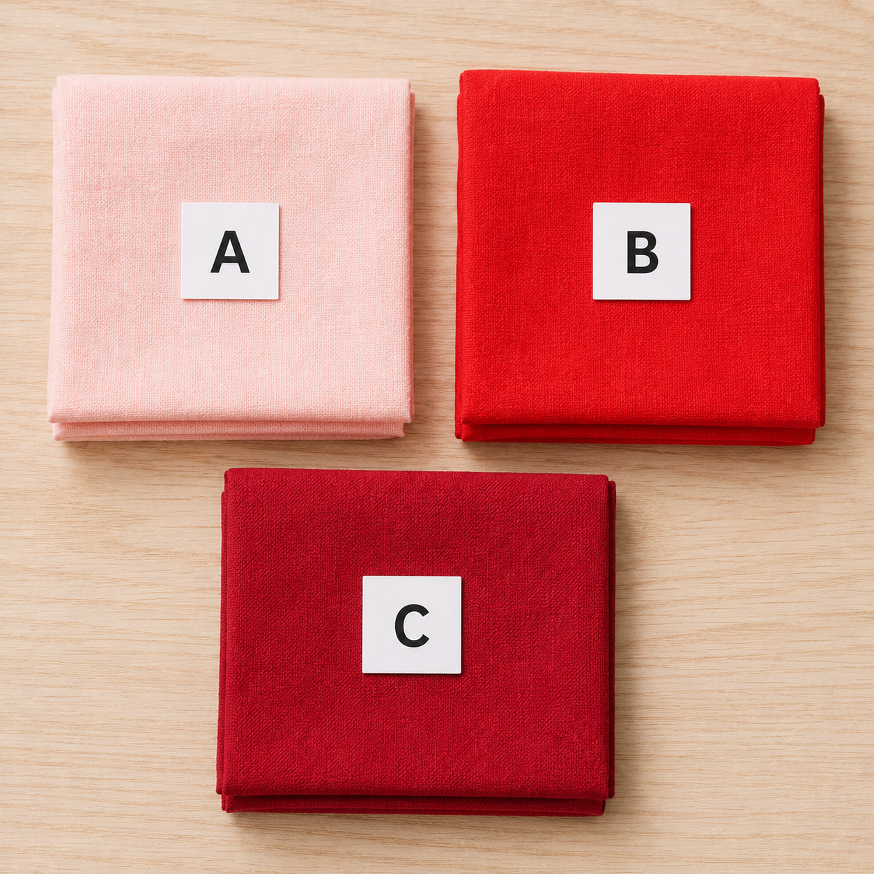 LOVE quilt pattern fabric color swatches — three solid colors for raw-edge fused appliqué