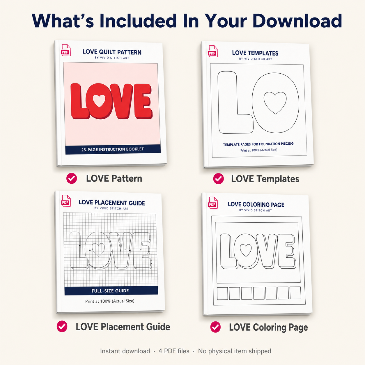 LOVE pattern download contents — instruction booklet, templates, placement guide, coloring page PDFs