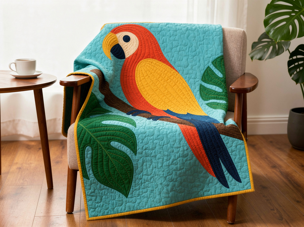 Tropical Macaw raw-edge appliqué quilt draped over a chair — modern tropical bird throw blanket in red and yellow