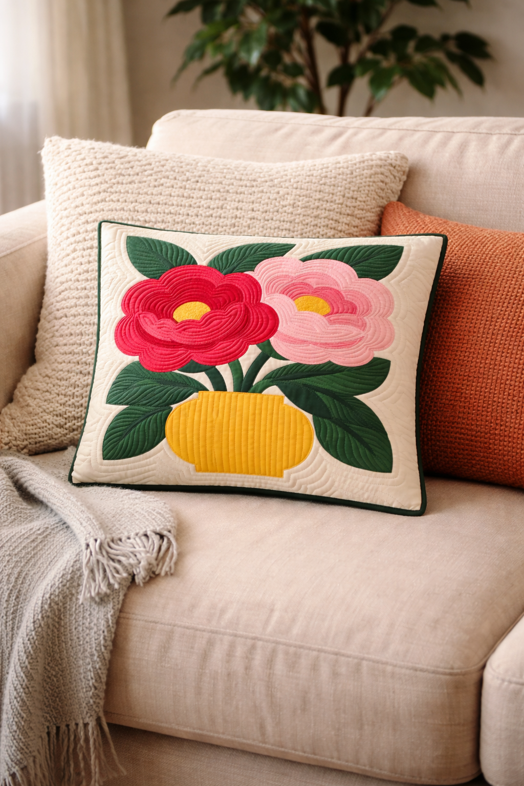 Peony Vase mini size used as a decorative cushion — modern floral pillow with peonies and golden vase