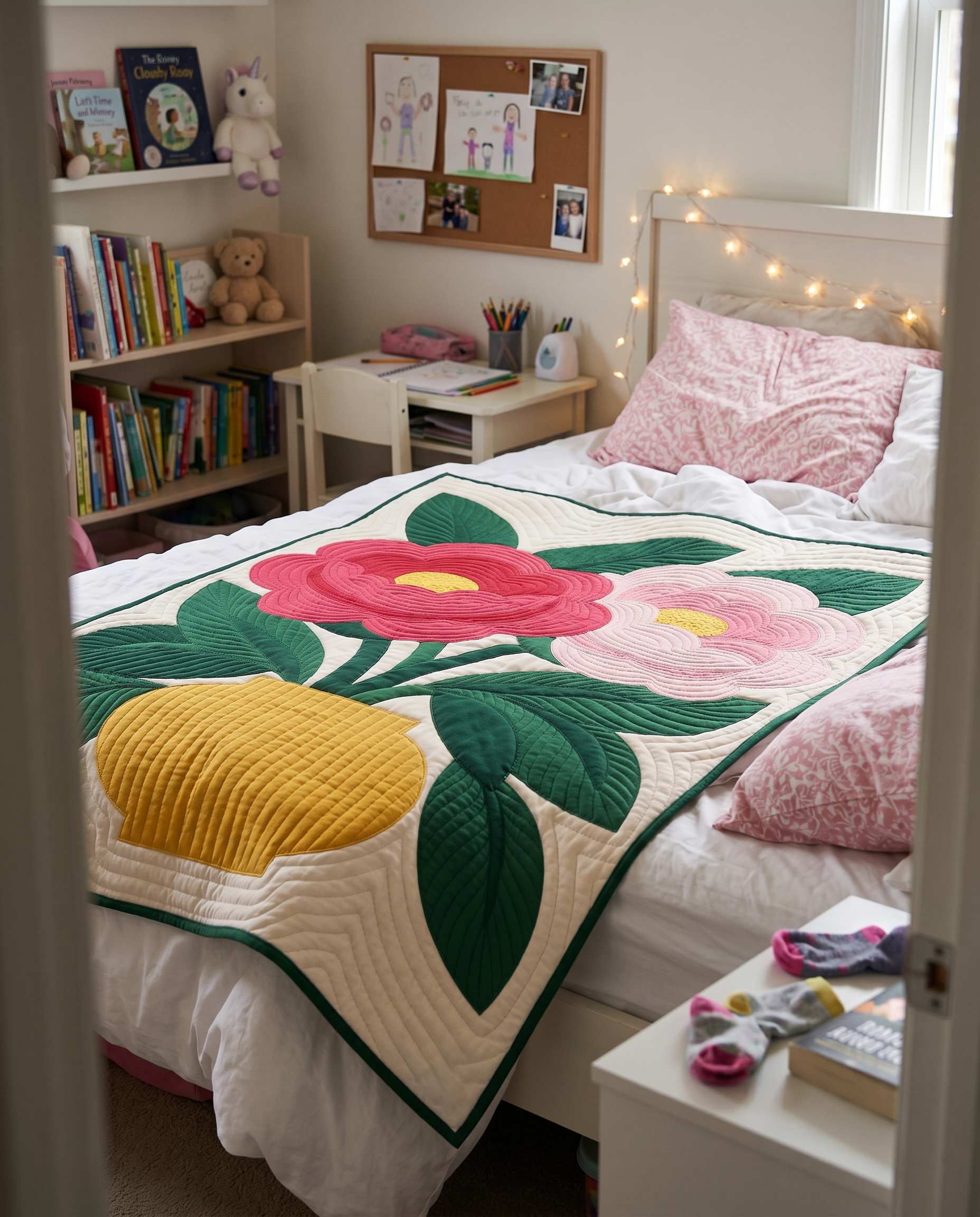 Peony Vase appliqué quilt styled as a bedspread in a girl's bedroom — modern floral quilt with magenta and blush peonies