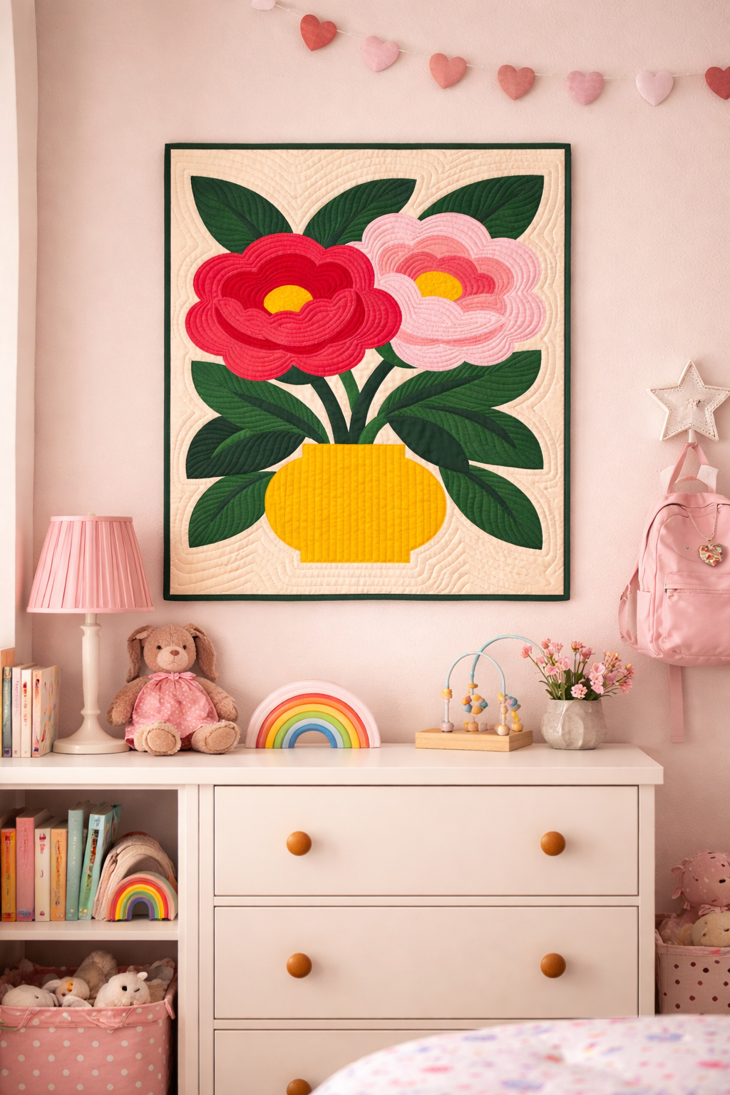 Peony Vase quilt framed as wall art in a kids' room — modern floral wall hanging with peonies and golden vase