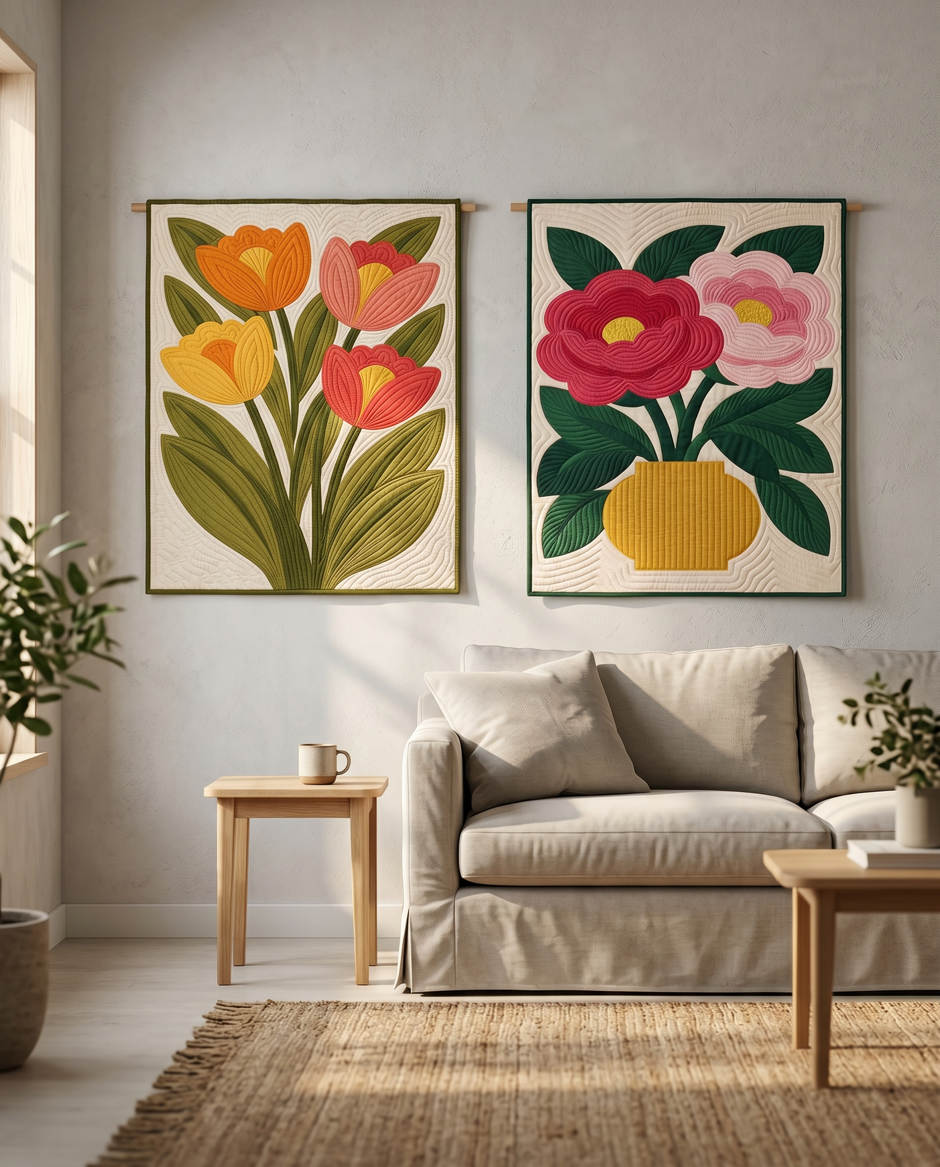 Peony Vase as framed floral art with companion pieces — Vivid Stitch Art modern botanical quilt collection