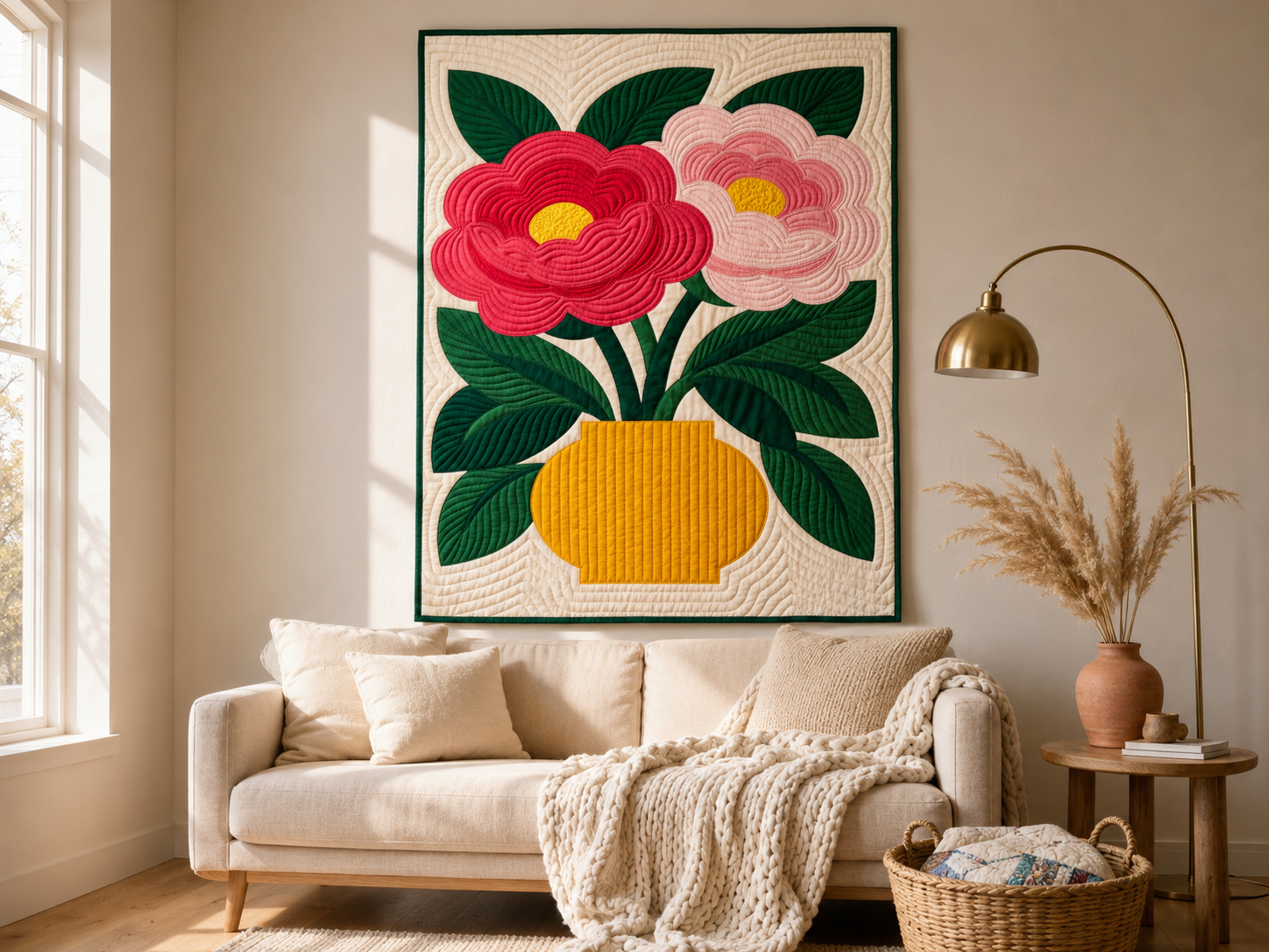 Peony Vase modern floral quilt framed as wall art above a sofa — two peonies in golden vase on cream linen