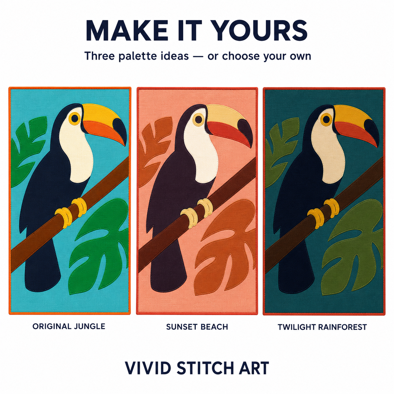 Tropical Toucan quilt three alternate color palettes — Original Jungle, Sunset Beach, and Twilight Rainforest options
