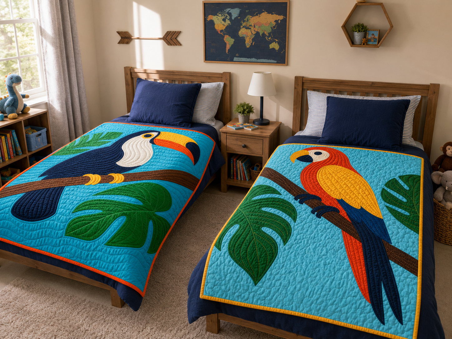 Tropical Toucan and Parrot quilts styled on twin beds — modern tropical bird bedroom decor pair