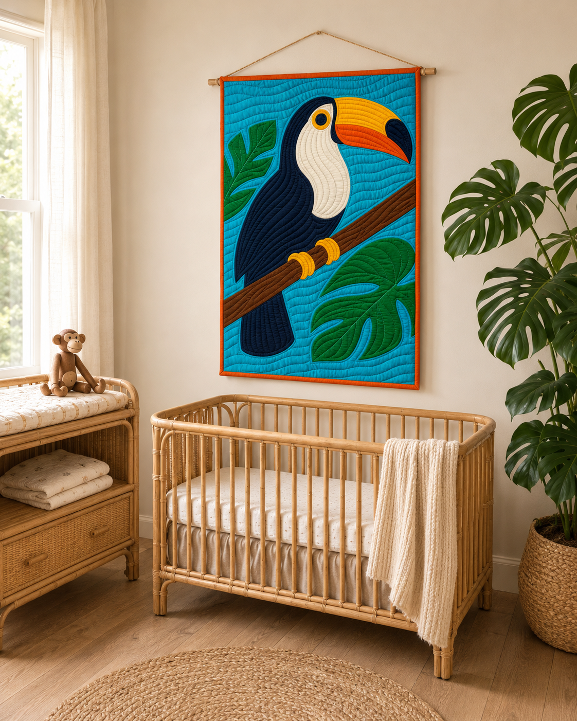 Tropical Toucan quilt hung above a rattan crib in a nursery — modern tropical bird wall hanging for kids' room