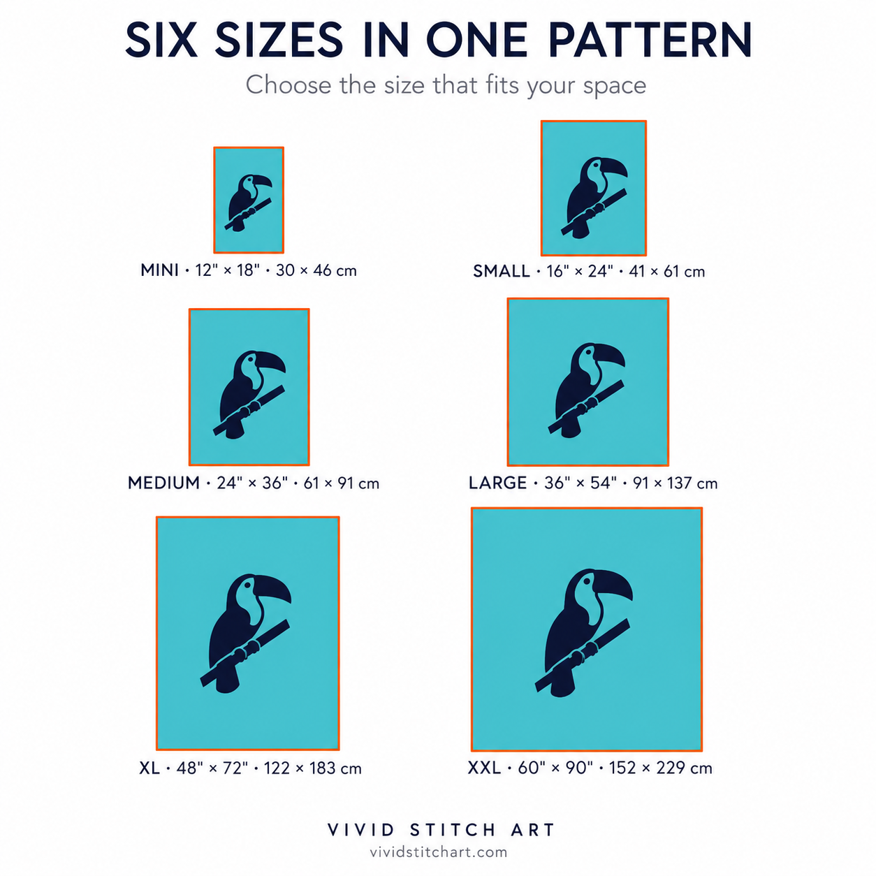 Tropical Toucan quilt pattern in six finished sizes — from nursery accent to twin bed quilt