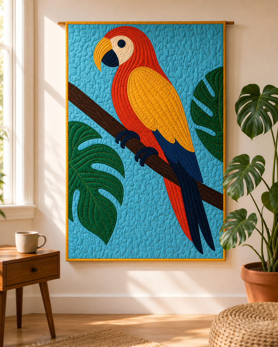 Tropical Macaw modern quilt framed as wall art — vibrant scarlet macaw with red, yellow, and blue plumage on turquoise background