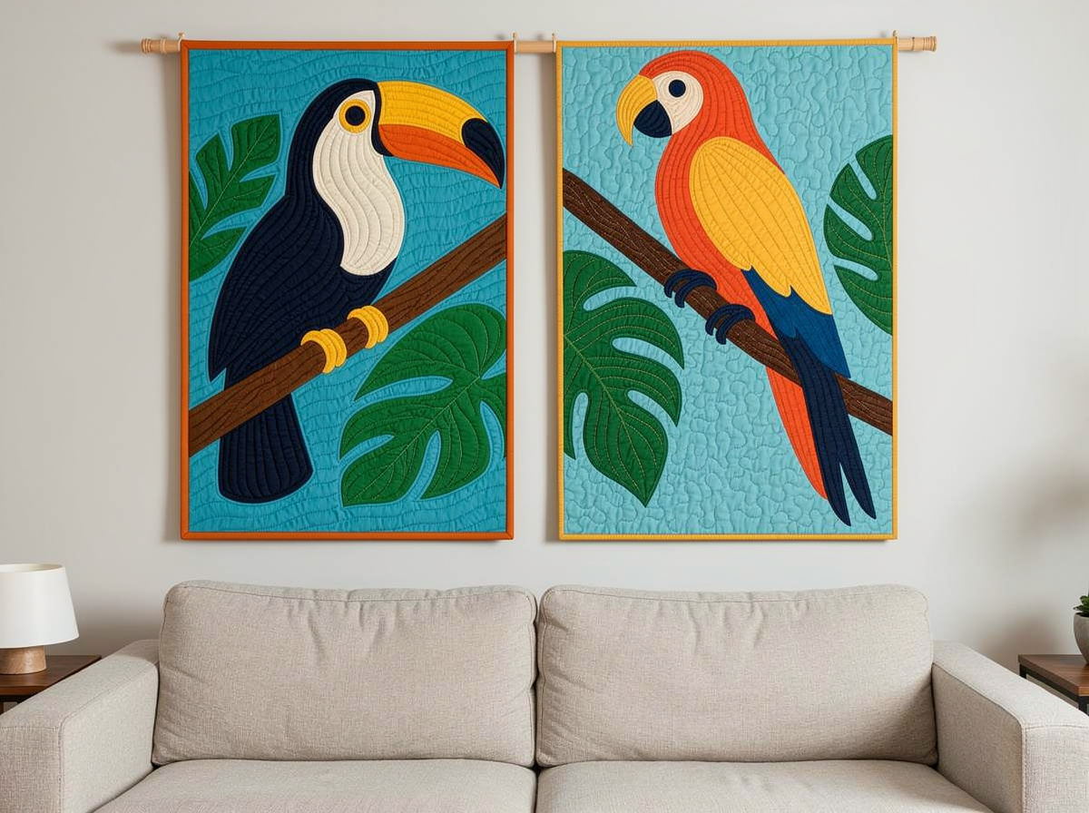 Tropical Toucan and Macaw quilt pair styled together — Vivid Stitch Art modern tropical bird quilt collection