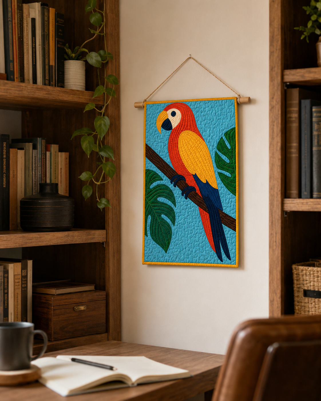 Tropical Macaw quilt hung as wall art in a home office — modern tropical bird wall hanging with wooden hanging rod