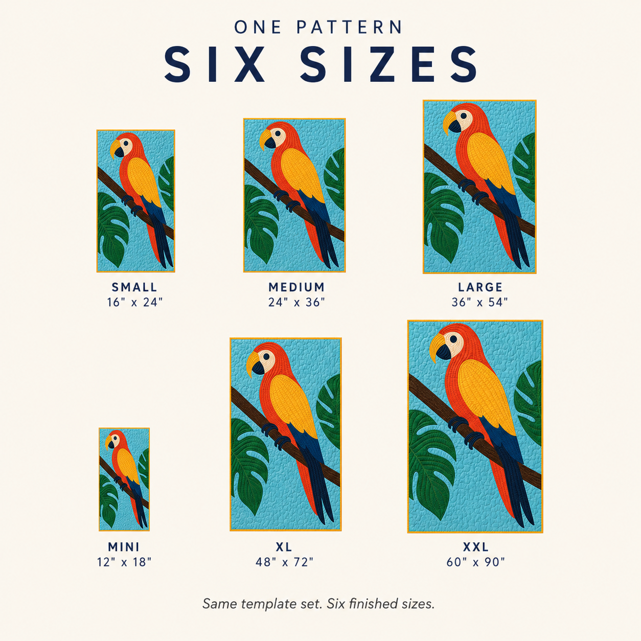 Tropical Macaw quilt pattern in six finished sizes — from nursery accent to twin bed quilt