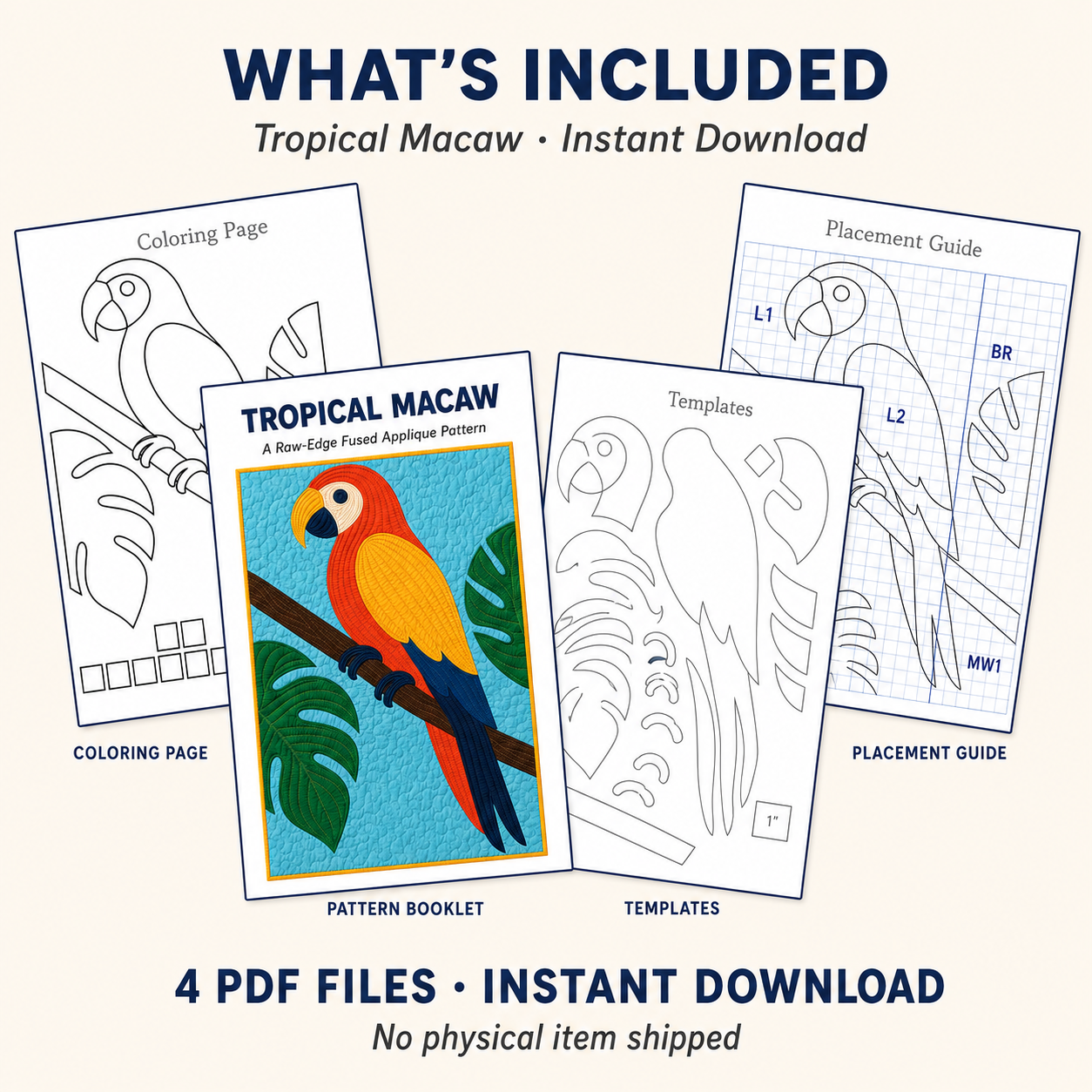 Tropical Macaw pattern download contents — 4 PDF files instant download with templates, placement guide, coloring page